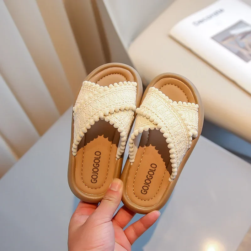 Girls Summer Slippers Princess Sweet Kids Slides Beach Shoes Bohemia Woven Children's Outdoor Slippers Anti-slippery 23-37 Soft