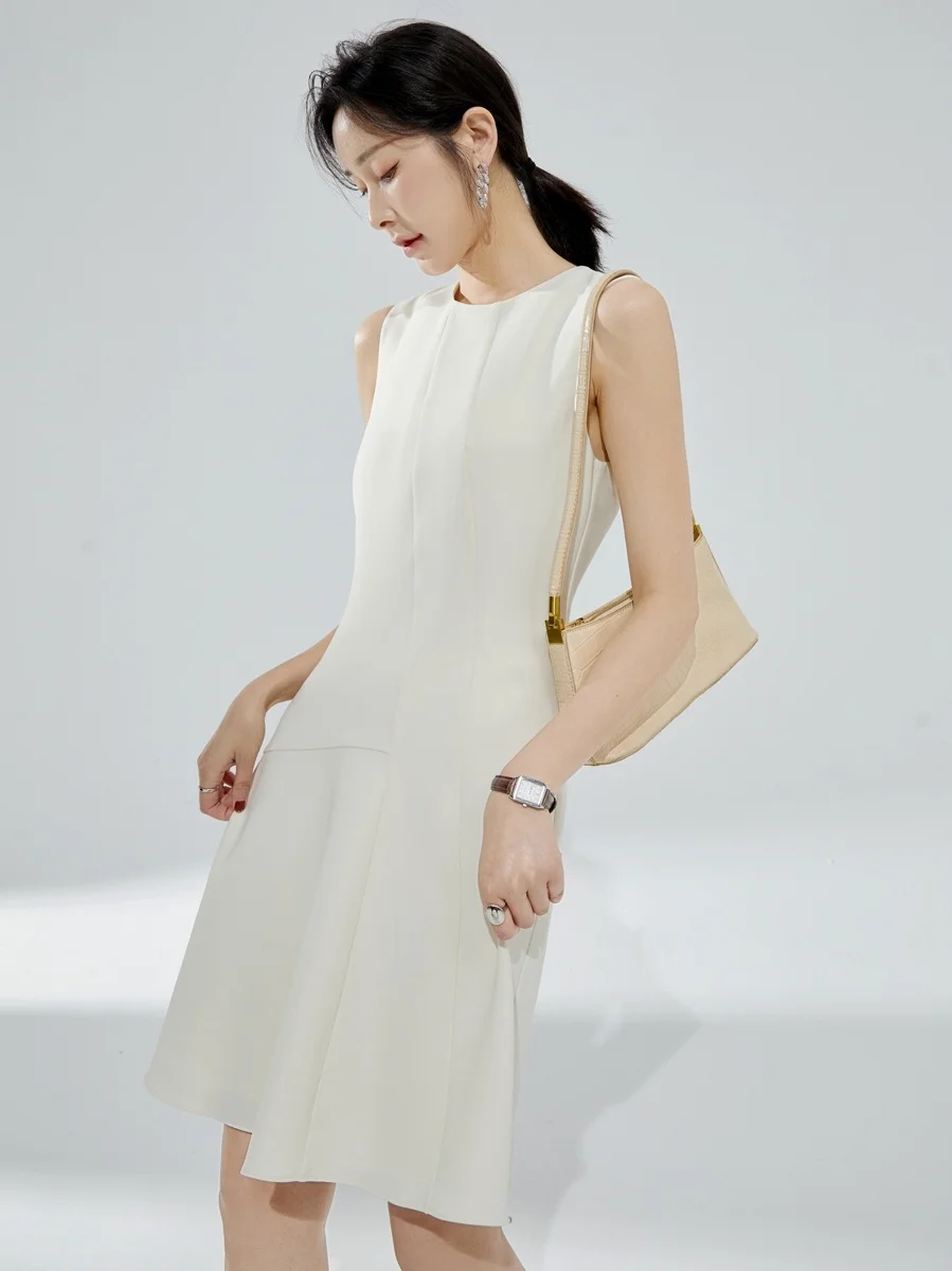 

French Luxury 2023 Summer New Style High end Triacetic Acid Dress Women's Round Neck Sleeveless A-line Dress