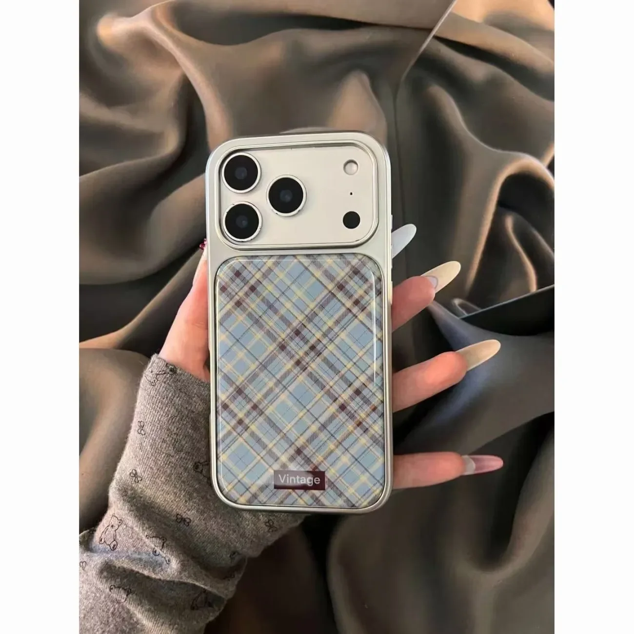 Retro Blue Brown Checkered Fashion Phone Case - Japanese and Korean Ins Style Y2K Cover