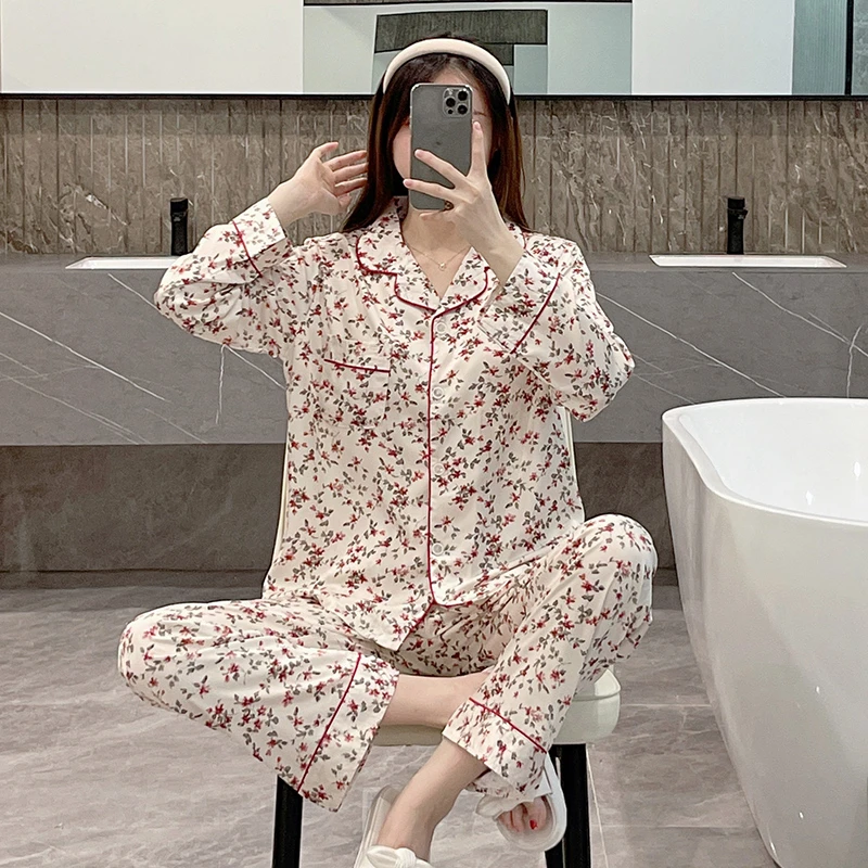 Pajamas Women's Silk Long sleeved Pajamas Pajamas Suit Flower Printed High grade Ice Silk Can Be