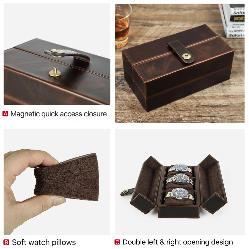 Vintage Luxury Genuine Leather 3 Slots Watch Roll Case Travel Portable Organizer Storage Box with Metal Buckle Handmade Gifts