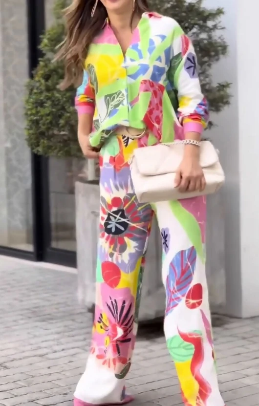 Women's Suits Set New Temperament Commuting Long Sleeved Elegant Printing Loose Shirt and High Waist Wide Leg Fashion Pants Set