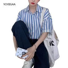 

Blue Stripe Women Blouse Oversize Female Short Sleeve Shirt Turn-down Collar Ladies Girls Blouses Harajuku Chic Woman Shirt Tops