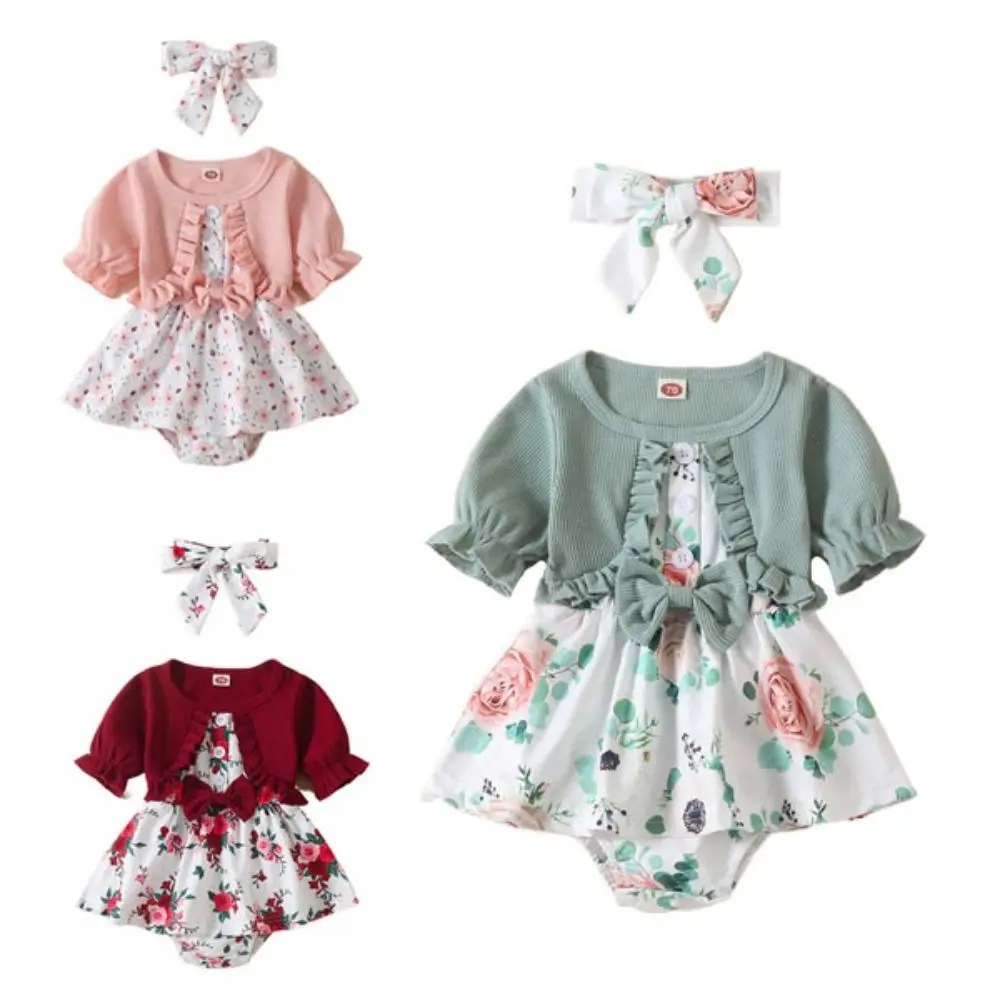 Soft Bowknot Toddle Princess Dress Cotton Flower Summer Baby Bodysuit Infant Sweet False 2Piece Jumpsuit Dress Holiday
