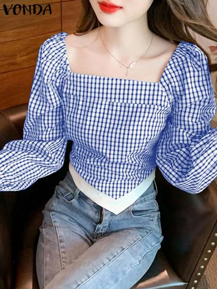 

VONDA Autumn Plaid Blouse 2024 Elegant Women Long Sleeve Square Neck Tops Casual Irregular Hem Bandage Short Shirt Blusas Femme