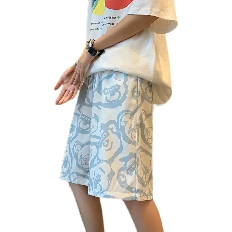B-boy Trends Bear Print Shorts Male Loose Knee Length Shorts Hip Hop Fitness Pants Summer Outdoor Sport Street Punk Short Pants