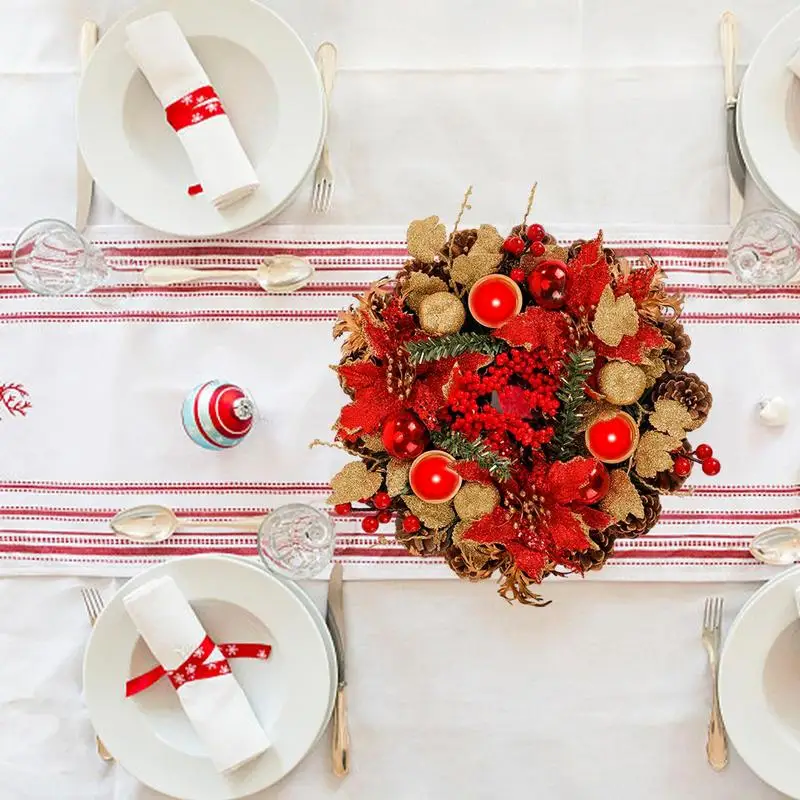 

Christmas Wreath Table Decor Pinecone Candle Holder Garland for Holiday 30cm Cute Decoration with Artificial Red Berries
