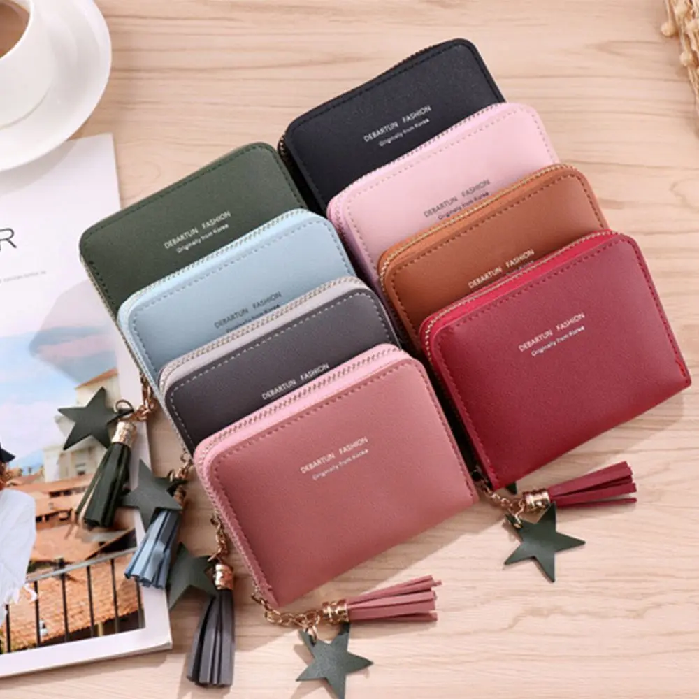 심플 스퀘어 여성용 지갑, 짧은 지퍼 소형 지갑, 태슬 미니 동전 지갑, 여성용 클러치 카드홀더, 한국 스타일, 신제품 
