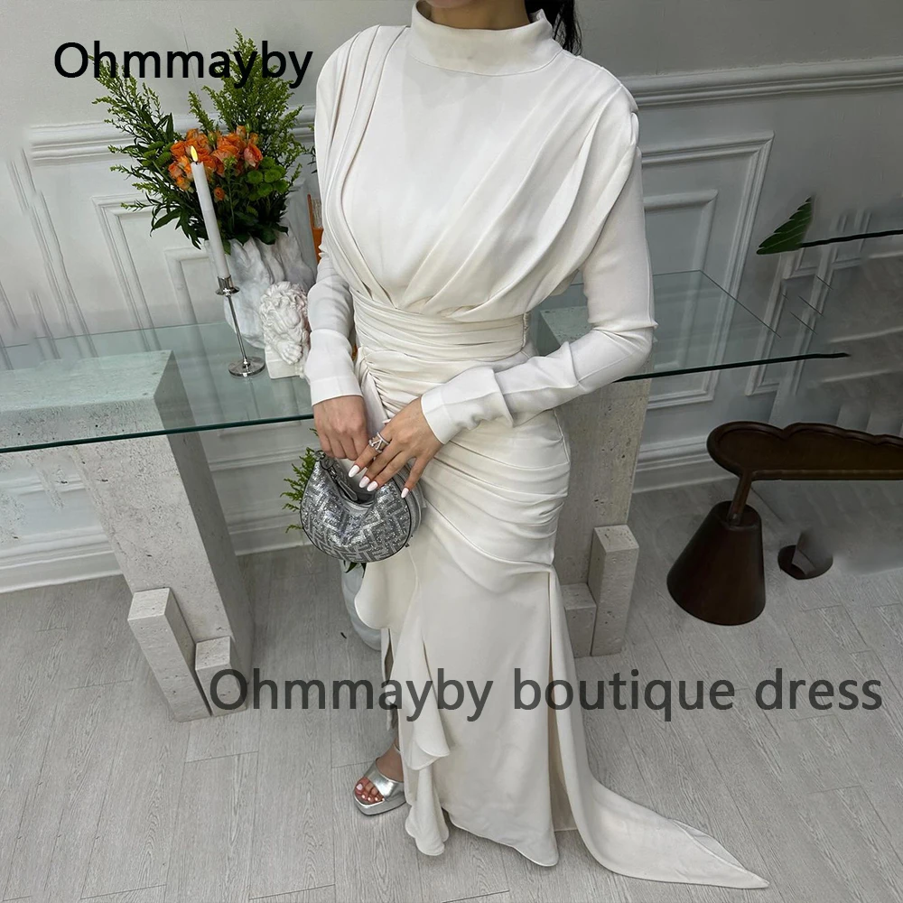 

White Mermaid Evening Dresses Long Sleeve High Neck Wedding Party Dress with Slit Arabian Dubai Formal Prom Gowns Ankle Length