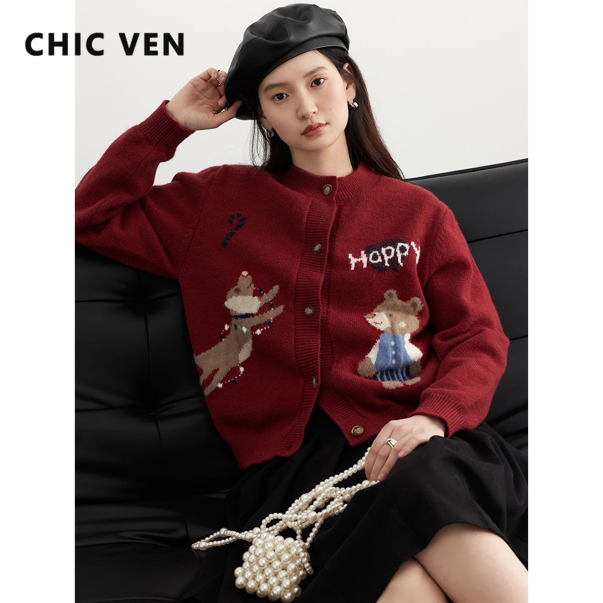 CHIC VEN 여성용 레트로 가디건, 라운드넥 자카드 베어 스웨터, 니트 여성 가디건, 여성용 탑 용수철, 가을 2024