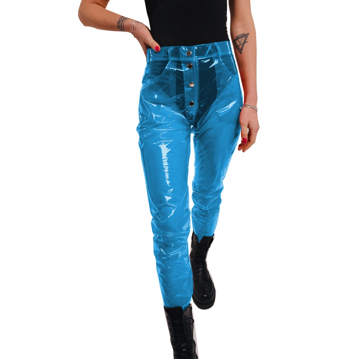 Clear PVC Pants Fetish Plastic Transparent Button Trousers Women High Waist See Through Pants Club Bar Wear