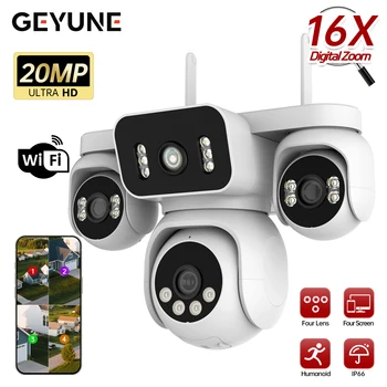 Telecamera di sicurezza WiFi 10K 20MP 4 obiettivi 4 schermi 360 ° Videocamera stradale esterna CCTV per sorveglianza domestica impermeabile con zoom PTZ 16X 1