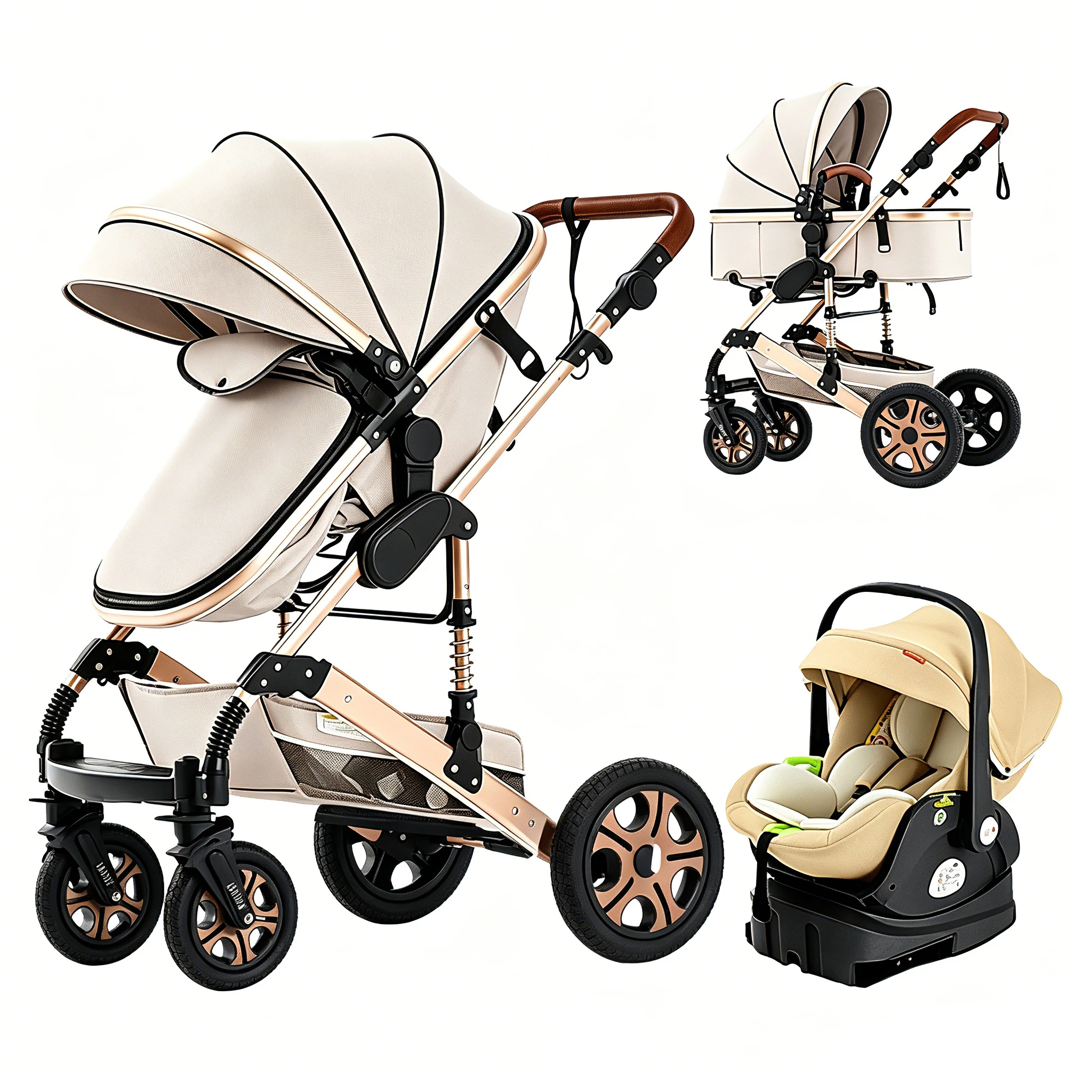 Baby Stroller Combo Car Seat - Infant Pushchair with Carry Cot Foldable Reversible Pram,Travel System with Isofix Base Upto 55lbs
