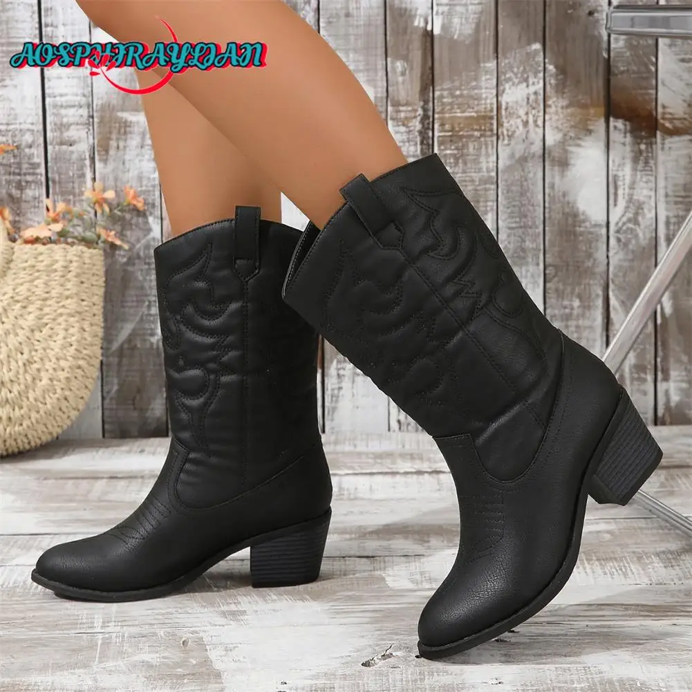 Brand New Ladies Black Mid-Calf Boots Fashion Embroider Chunky Heels women's Western Cowboy Boots Casual Party Woman Shoes