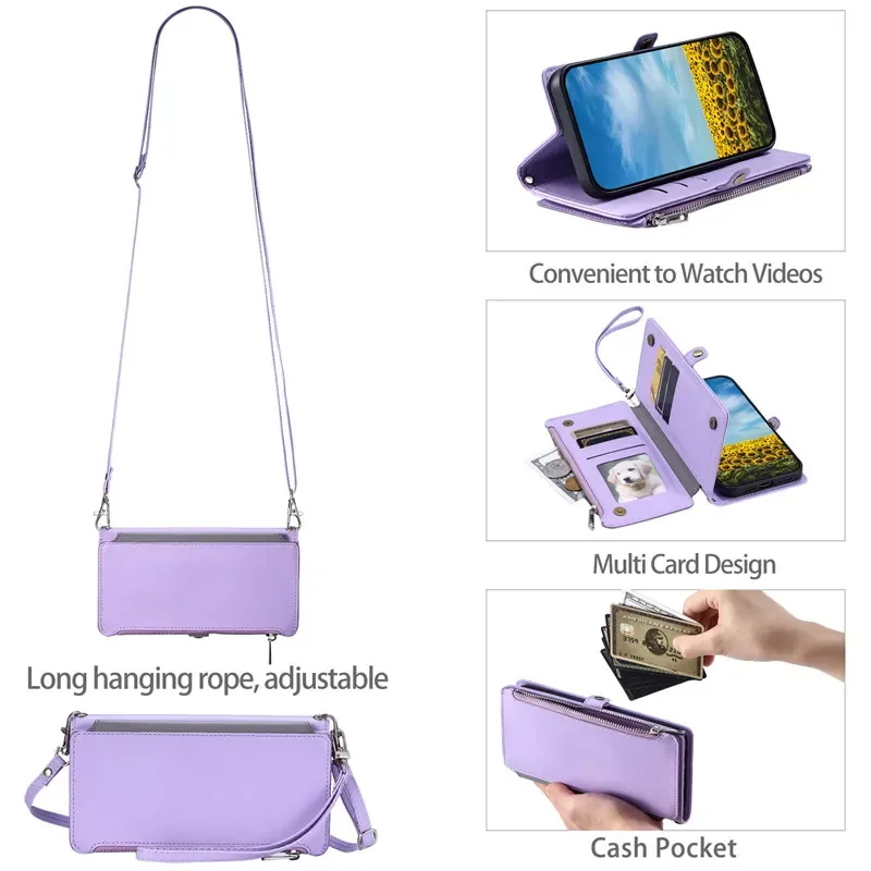 Deluxe Leather Flip Phone Case with Long Lanyard and Zipper Wallet Card Holder