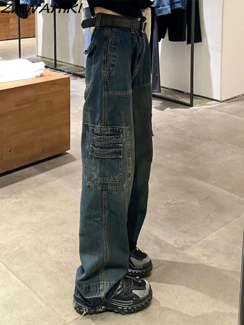 

Oversize Vintage Washed Multiple Pockets Solid Color Spring Autumn Women Jeans High Waist Loose Straight Wide Leg Cargo Pants