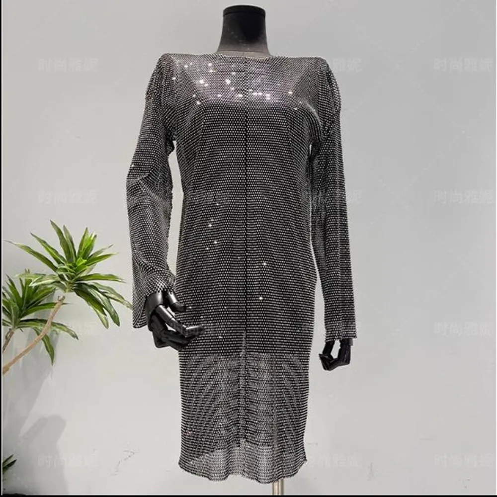 

Fashion Sexy Hot Diamond Blouse Mesh Dress Perspective Sundress Wrap Hip Skinny Sheath Long Sleeve Beach Solid Dresses