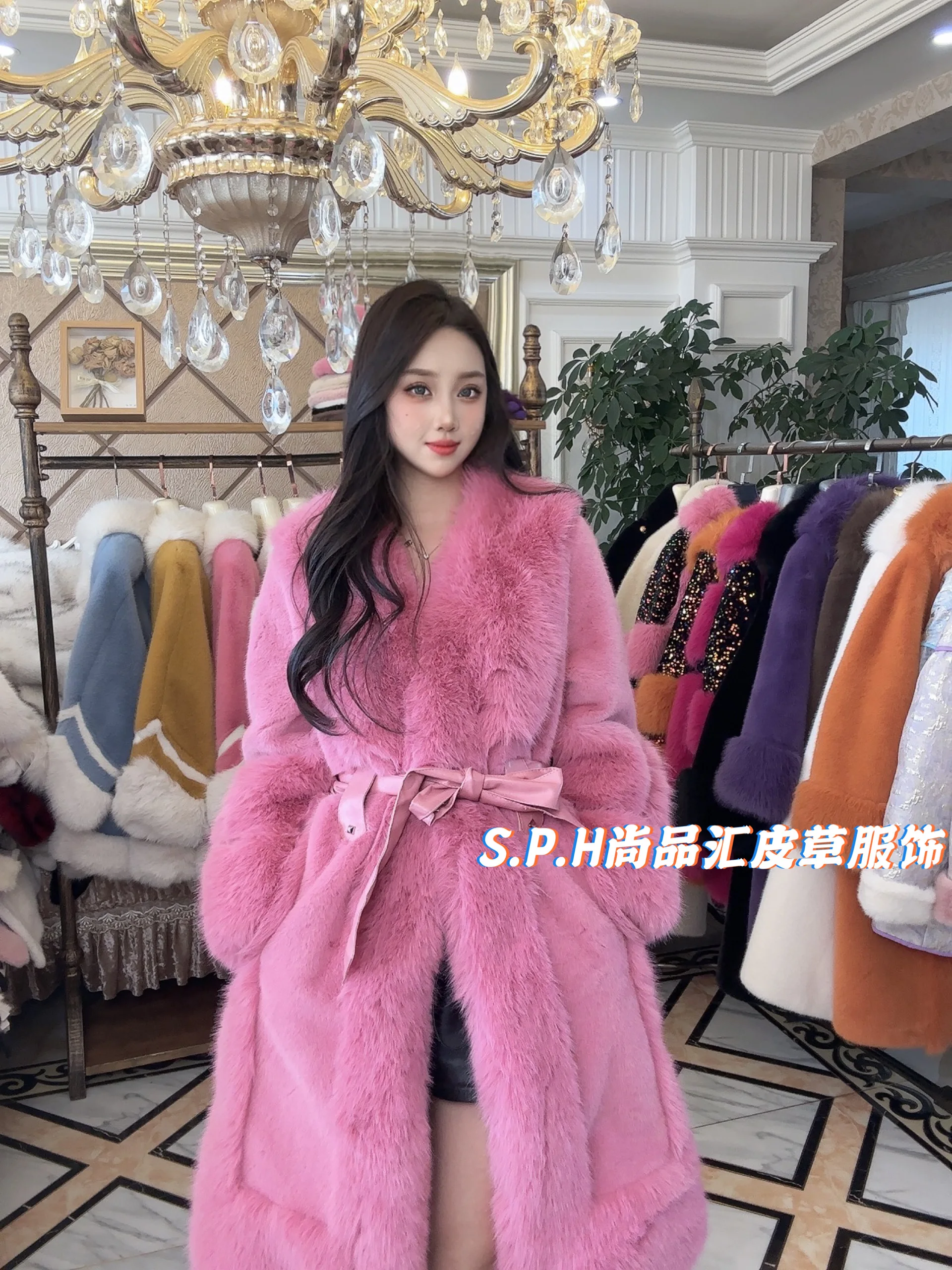 New Winter High-End Women's European Mink Fur Toka Fox Fur Long Coat Waist-Slimming Belt Temperament Slimming Faux Fur Jacket