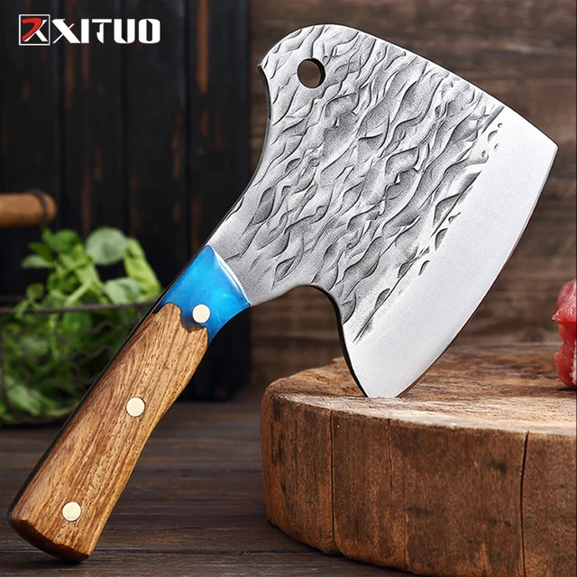 Forged stainless steel tiger grain kitchen knife Cleaver Sharp blade  slicing knife Wooden handle axe meat cleaver Kitchen knife