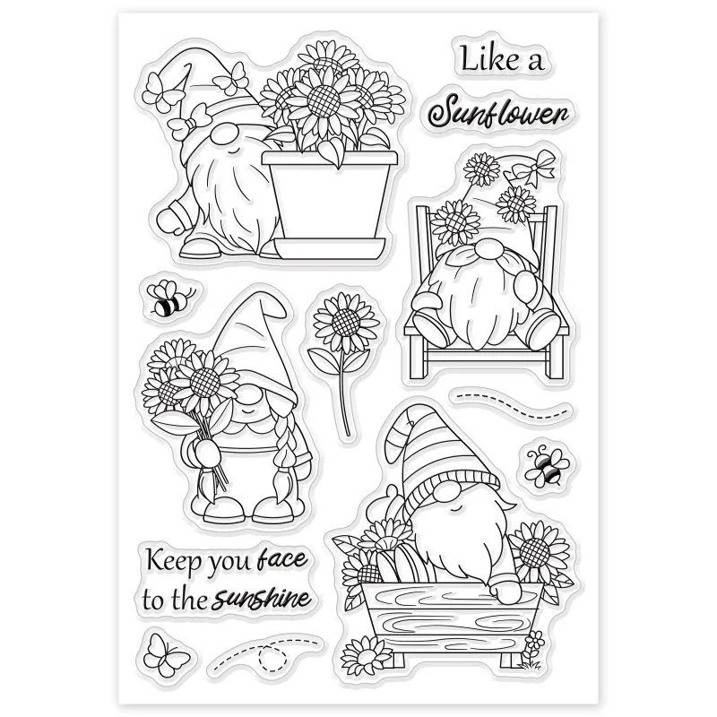 Gnome Dwarf Silicone Clear Stamp 1Sheet Butterfly and Bee Flower Transparent Silicone Stamp Sunflower Clear for Scrapbook clear stamps,clear rubber stamps