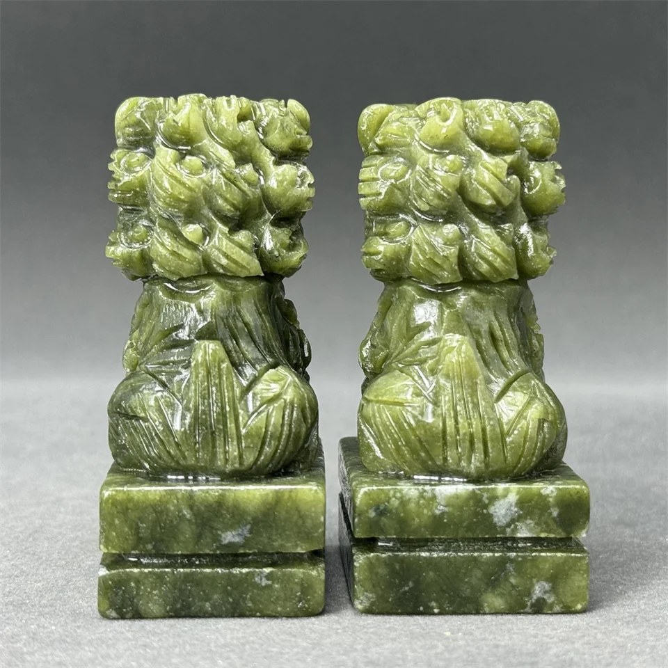 Jade Crystal Pair Of Rare Hand-Carved Natural Green Jade Foo Dog  display picture 1