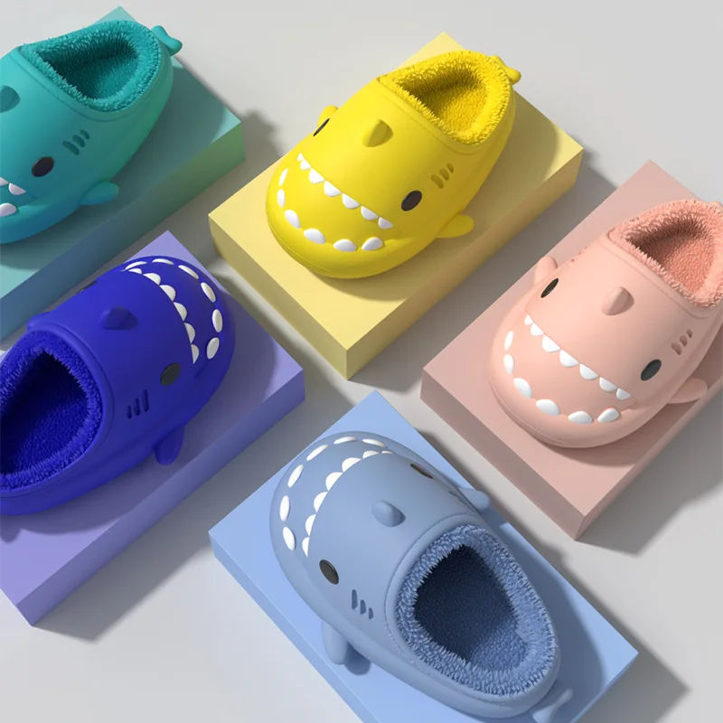 

New Cartoon Shark Cotton Slippers Adults Kids Warm Winter Cute Shoes Parents Children Waterproof Indoor Outdoor Plush Soft