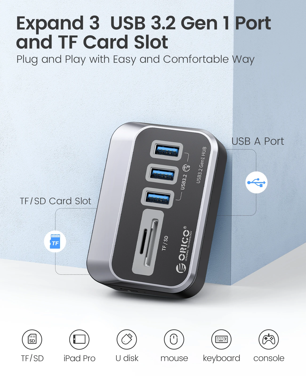 Orico Abs Powered 5gbps Hub Pd18w Carregamento Usb 3.2 tipo c Hub Leitor de Cartão Splitter com Adaptador de Energia para Desktop pc Acessórios - Imagem 4