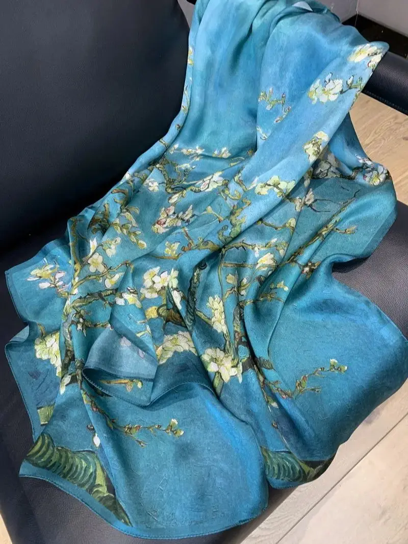 100% Natural Silk Scarf for Women Van Gogh Oil Painting Bandana Gifts for Ladies Spring Apricot Tree Digital Print Shawl Foulard 5