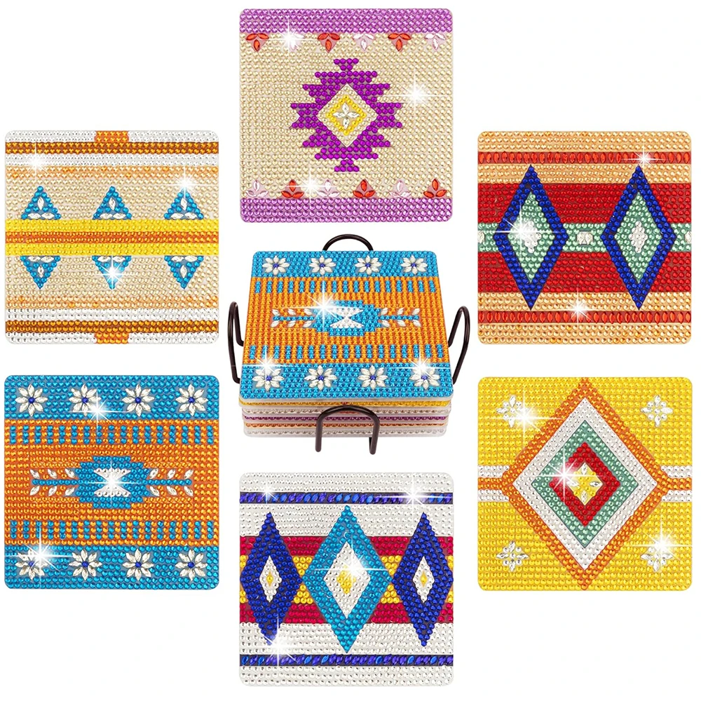 

6pcs Square Dimaond Painting Coaster With Holder DIY Boho Tablemat Drink Cup Cushion Small Diamond Painting Kit