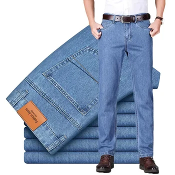 100% Cotton Men's Brand Thin Business Jeans Straight Slim Classic Male Trousers Fashion Casual Breathable Summer Denim Pants 1