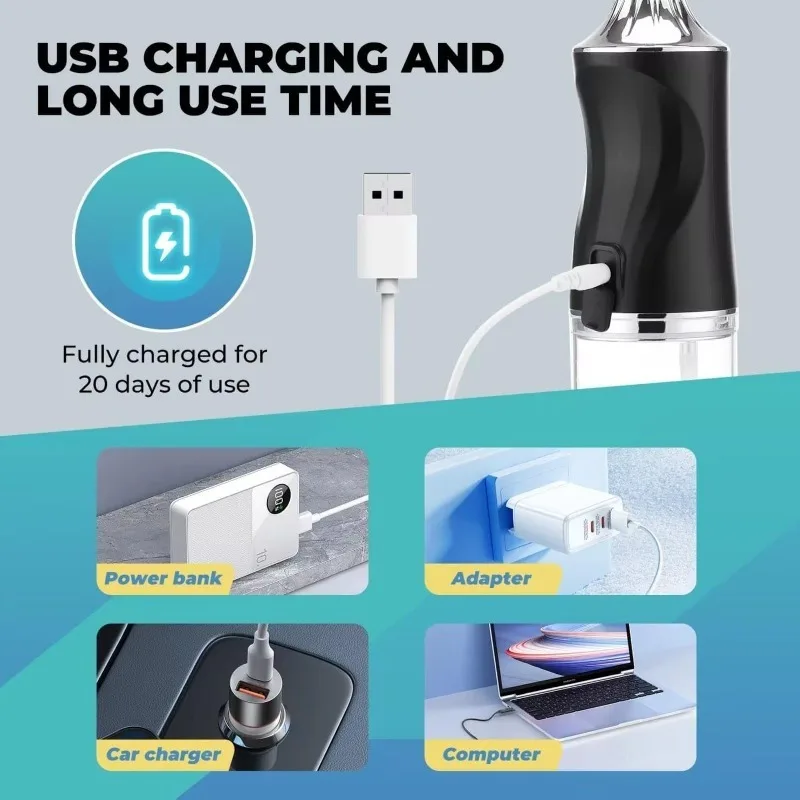 Dental Water Flosser Oral Irrigator Portable USB Rechargeable Dental Water Flosser 4 Jet Tip 220ml 3 Modes IPX7 Waterproof
