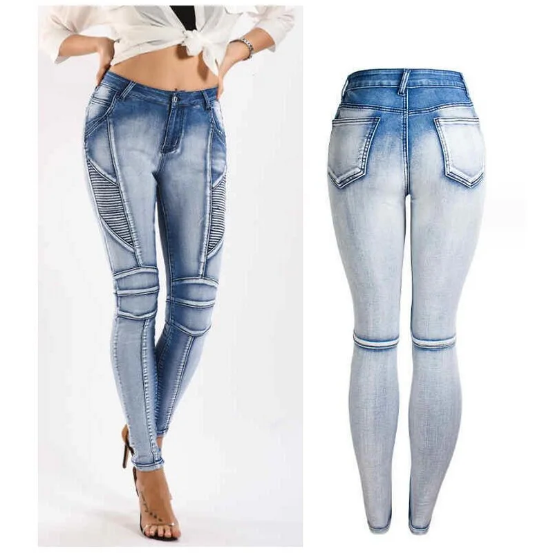 

Women's Ripped Skinny Jeans EU Size Motor Jeans Woman Stretchy Pencil Pants Bleach Wash Denim Pants