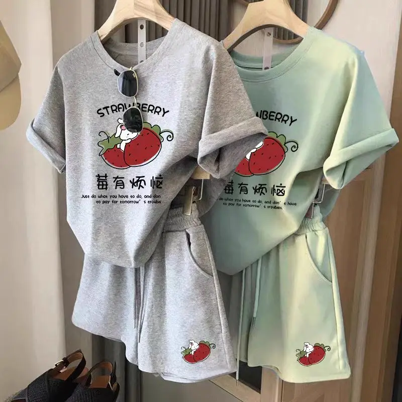 

Женский летний комплект с шортами и коротким рукавом, свободный спортивный костюм для отдыха, женский спортивный костюм, комплект из двух предметов, Короткие комплекты