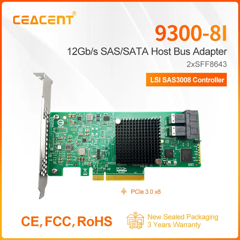 

9300-8i LSI SAS3008 IT Mode, 8 Port PCIe3.0 x8 12Gb/s Non-RAID SAS/SATA Host Bus Adapter with Two MiniSAS HD SFF-8643