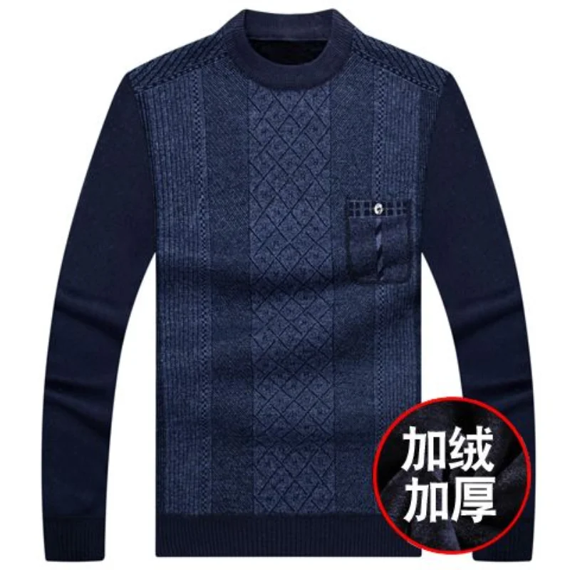 Men Autumn and Winter New Crew Neck Sweater Solid Color Plaid Pockets Spliced Fleece Warm Versatile Long-sleeved Tops