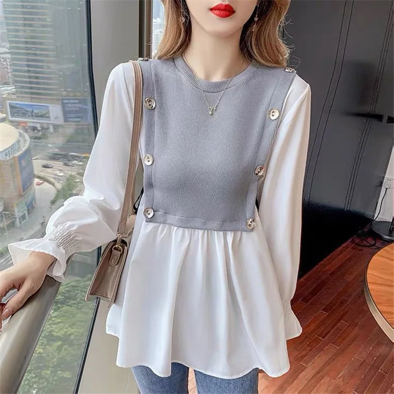 Elegant Sweet Chic Knit Patchwork Long Sleeve Button Fashion Blouse Shirts Women Autumn Casual Slim Pullover Top Female Clothing