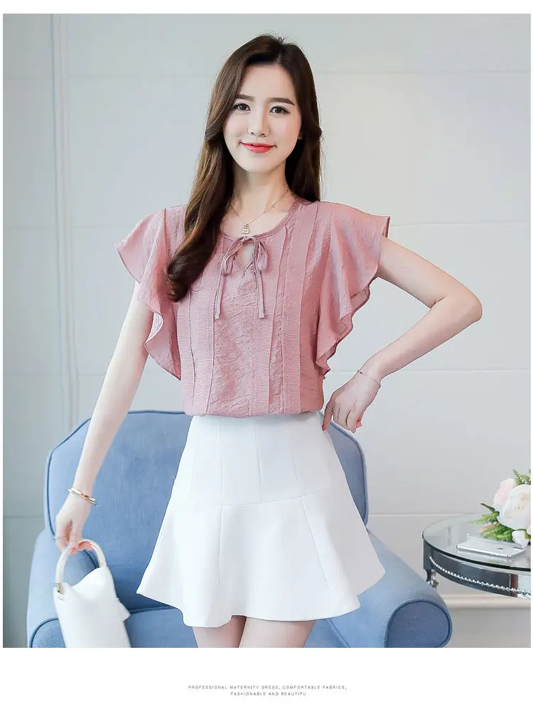 Female O-Neck Bow Lacing Hollow Out Solid Blouse Loose Oversize Flying Sleeve Patchwork Chiffon Shirt Women's Summer Clothing