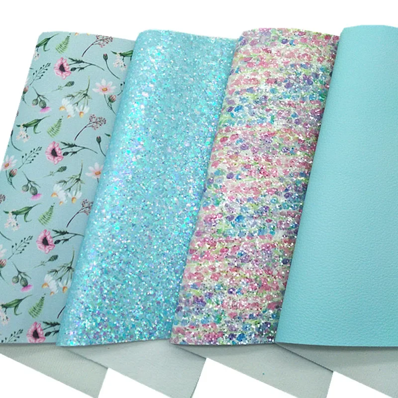 Blue Chunky Glitter Leather Leopard Flowers Printed Glitter Synthetic Leather Vinyl Leather Sheets For Bows DIY 21x2
