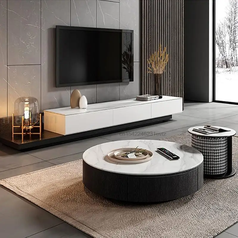 

Italian White Tv Cabinet Living Room luxury Size Round Low Coffee Table Sofa Side Table Combination Small Apartment Floor