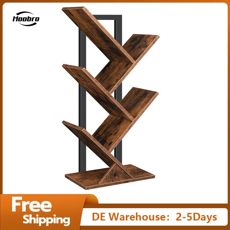 HOOBROBookcaseStandingShelfwith4LevelsWoodenDVDShelfTree