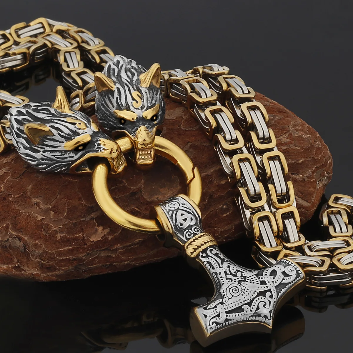 

Stainless Steel Nordic Viking Wolf Thor Hammer Men's Necklace Pendant