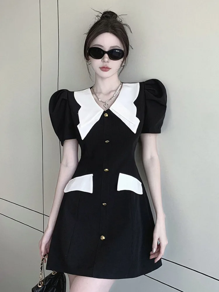 

2023 Summer New Elegant Fashion Small Fragrance Bubble Sleeve Contrast Mini Dress For Women Korean Office Lady Black Dress Robes