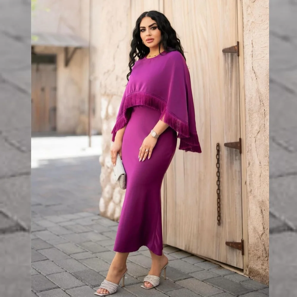 Evening Saudi Arabia Jersey Draped Tassel Pleat Quinceanera Sheath O-Neck Bespoke Occasion Gown Midi Dresses