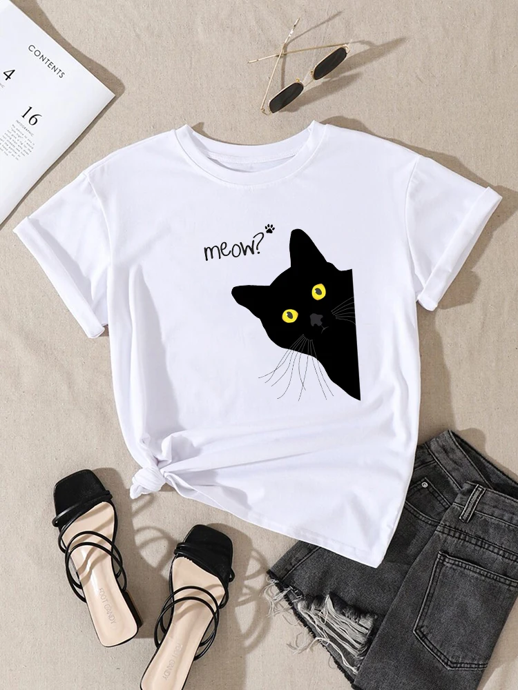 Black Cute Meow Cat Printing Women Tshirt Spring Summer Oversized Clothing Fashion Style t-Shirt o-Neck Casual Female | Женская одежда