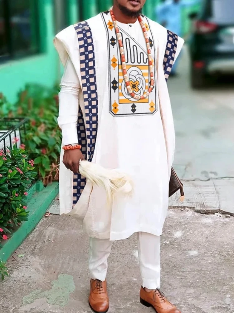 

Men's luxury fashion white printed three-piece set