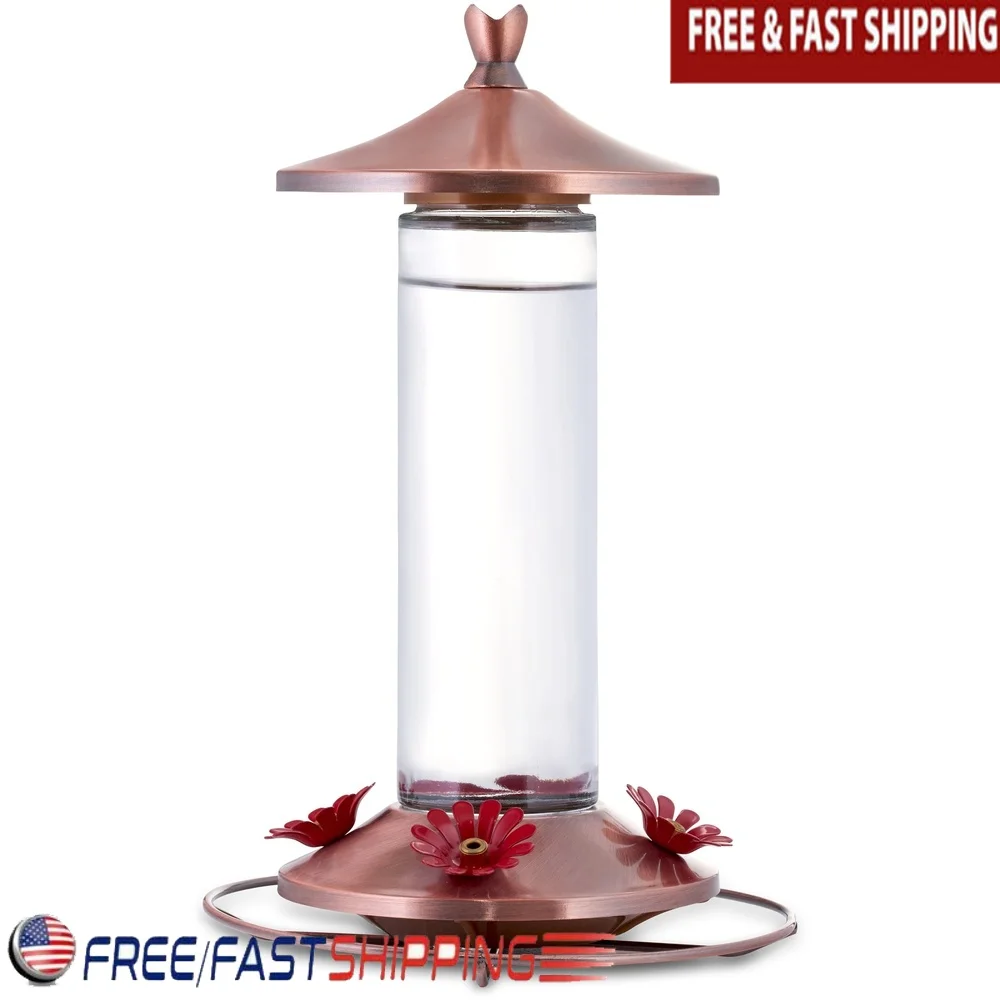 Elegant Copper Glass Hummingbird Feeder 12oz 4 Feeding Ports Wide Mouth Easy Clean Bee Guard Garden Decor bird feeder