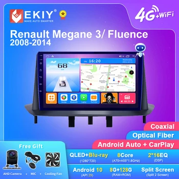 EKIY 안드로이드 10.0 GPS 자동차 라디오  르노 메간 3 플루언스 삼성 SM3  2008 - 2014 멀티미디어 플레이어  DSP 카플레이 8G 128GB DVD