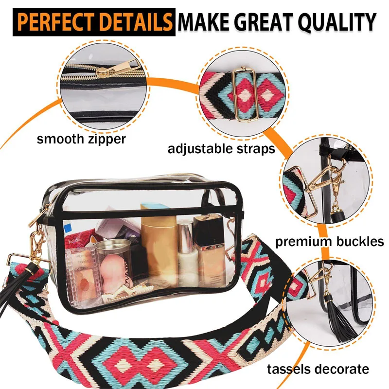 Transparent Crossbody Bags Clear PVC Sling Shoulder Bag Candy Color Woven Print Wide Strap Lady Phone Purse Travel Daily Wear
