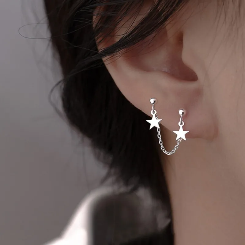 Silver Color Star Shape Tassel Double Ear Hole Stud Earring for Women New Fashion Simple Y2K Party Jewelry Gifts