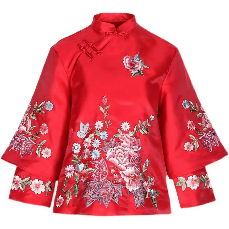Spring and Autumn Ethnic Style Tang Suit Coat Retro Embroidery Button Chinese Top Women's Top Elegant Loose Blouse Chinese Top